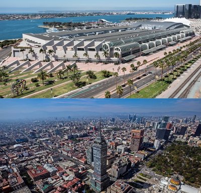 Légi felvétel a San Diego Convention Center vízparti részéről és Mexikóváros sűrű városi tájáról, osztott képen.