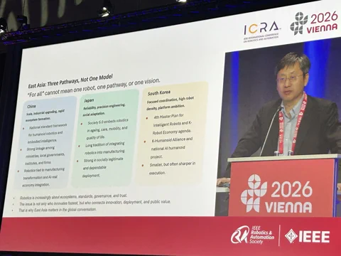 Hesheng Wang professzor az ICRA 2026-on egy dián mutatja be Kína, Japán és Dél-Korea eltérő robotikai stratégiáit.