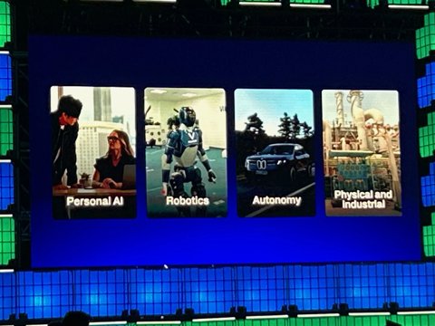 Egy dia a Qualcomm prezentációjából, amely a személyes AI, robotika, autonómia, valamint a fizikai és ipari szektorok alkalmazásait mutatja be.