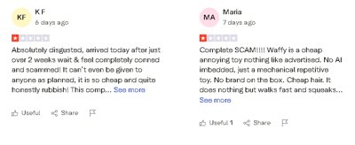 Egy tipikus, félrevezető online hirdetés képernyőképe egy olcsó robotkutya játékról.