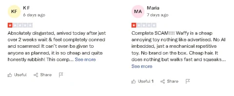 A screenshot of a typical misleading online ad for a cheap robot dog toy.