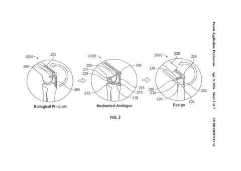 Szabadalmi ábra, amely az emberi térd anatómiájának mechanikai leképezését mutatja be.