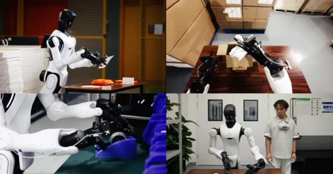 Kollázs az AGIBOT humanoid robotjairól, amint különféle feladatokat végeznek, például ruhát hajtogatnak és raktárban dolgoznak.